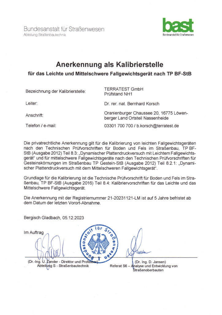 Anerkennung der Kalibrierstelle durch die Bundesanstalt für Straßenwesen nach TP BF-StB